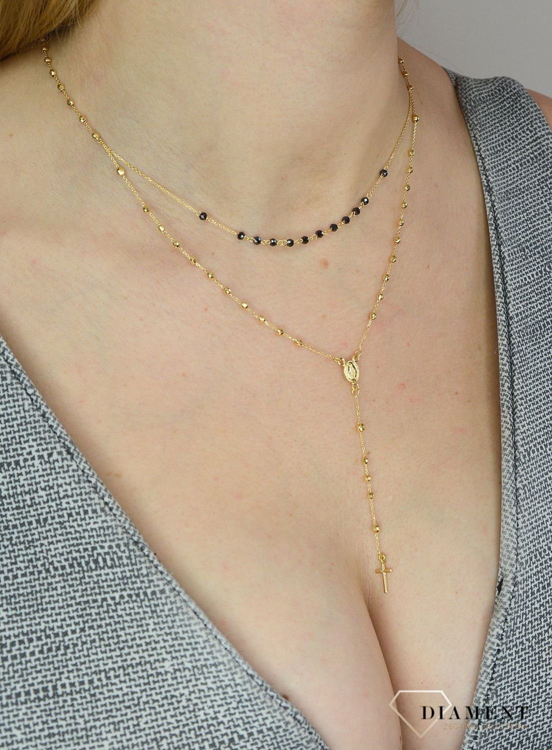 Złoty naszyjnik damski 585 różaniec i czarne koraliki NA 1135 585.jpg